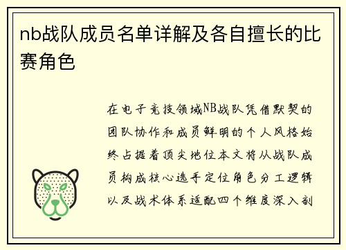 nb战队成员名单详解及各自擅长的比赛角色